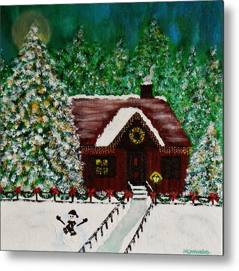 Winter At The Cabin Art Prints Metal Print featuring the painting Welcome by Celeste Manning