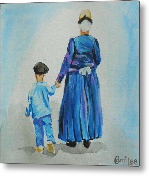 Westfriese Metal Print featuring the painting Westfriese Woman and Boy by Cami Lee