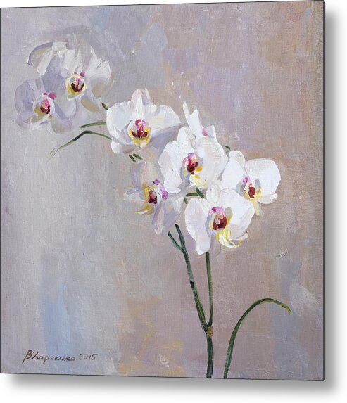 Flowers Metal Print featuring the painting White orchid by Victoria Kharchenko