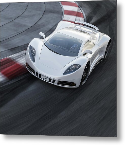 Aerodynamic Metal Print featuring the photograph White Sports Car On A Racetrack by Mevans