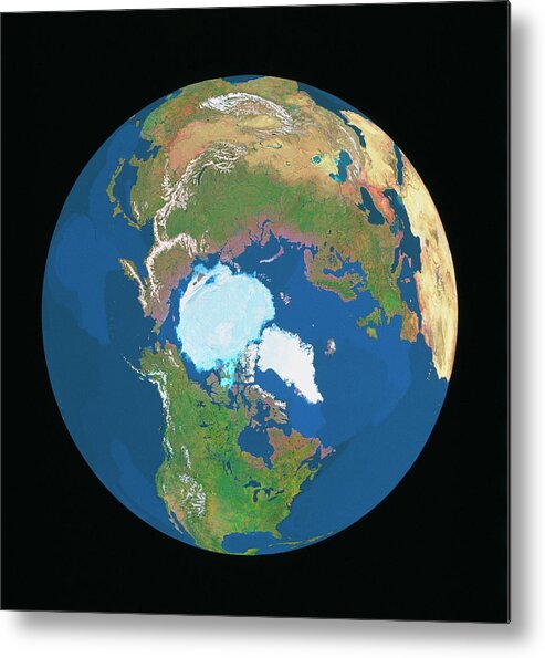 Whole Earth Metal Print featuring the photograph Whole Earth Centred On North Pole by Copyright Tom Van Sant/geosphere Project, Santa Monica/science Photo Library