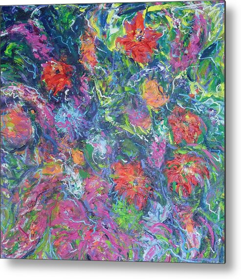 Floral Metal Print featuring the painting Zinnias by Zofia Kijak