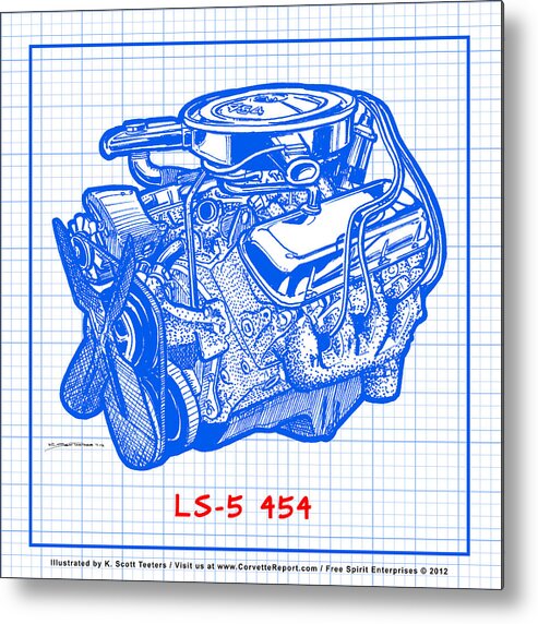 1970 Corvette Metal Print featuring the drawing 1970 LS5 454 Big-Block Corvette Engine Blueprint by K Scott Teeters