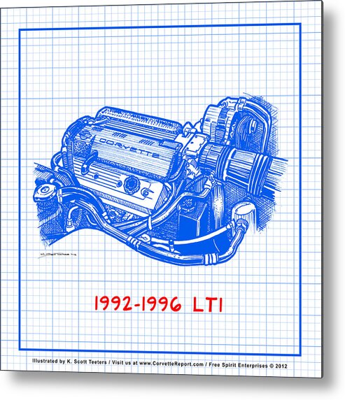 Corvette Metal Print featuring the drawing 1992-1996 LT1 Corvette Engine Blueprint by K Scott Teeters