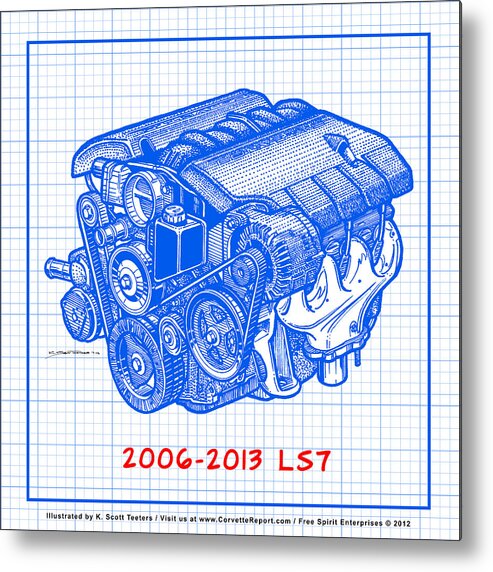 C6 Corvette Metal Print featuring the drawing 2006 - 2013 Z06 LS7 Corvette Engine Blueprint by K Scott Teeters