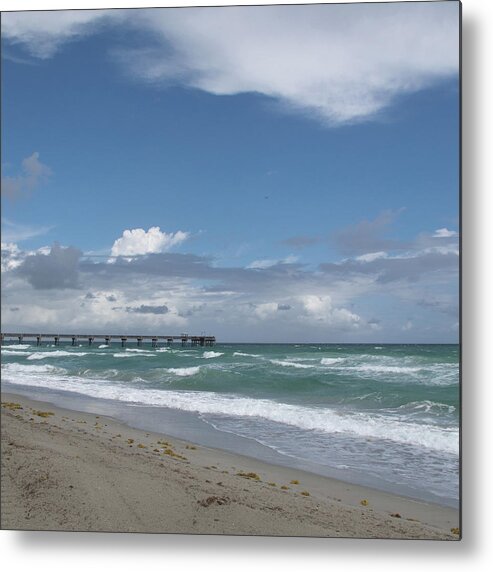 Dania Beach Fl Florida Wind Waves Sky Clouds Beach Surf Pier David Coblitz Metal Print featuring the photograph Beatiful Beach by David Coblitz