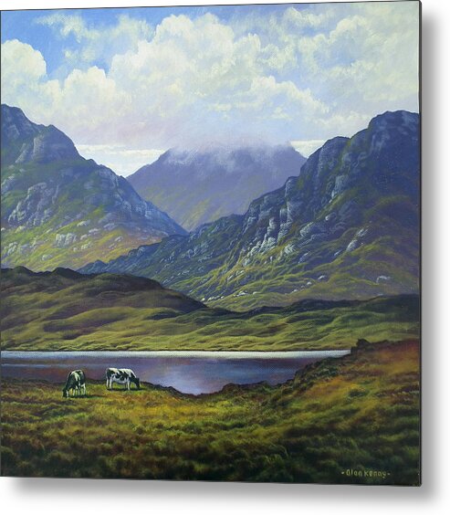 Cattle Metal Print featuring the painting Connemara landscape with cattle by lake by Alan Kenny
