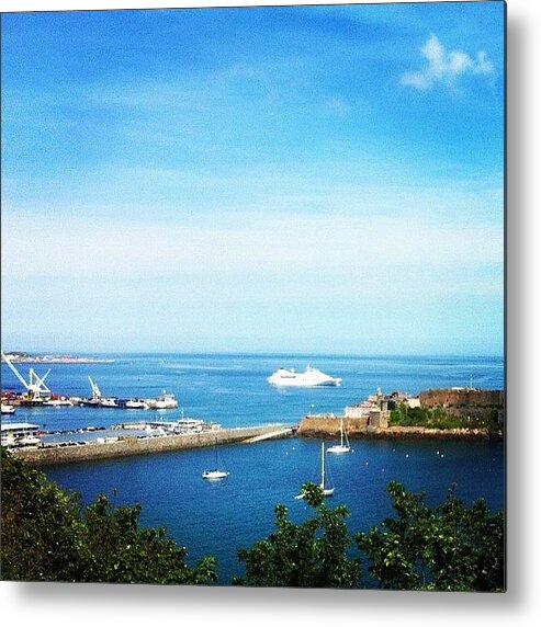 Blue Metal Print featuring the photograph #guernsey #harbour #stpeterport #ship by Andy Brown