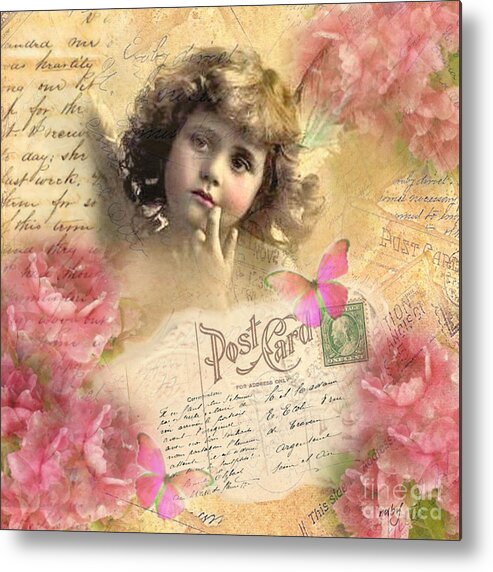 Art;vintage;angel;digital Collage;post Card;flowers;pink;girl;child;unique;one Of A Kind Metal Print featuring the photograph Little Angel by Ruby Cross