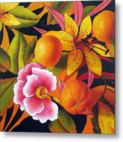 Still Life Metal Print featuring the painting Orange Lily And Hibiscus by Marina Petro