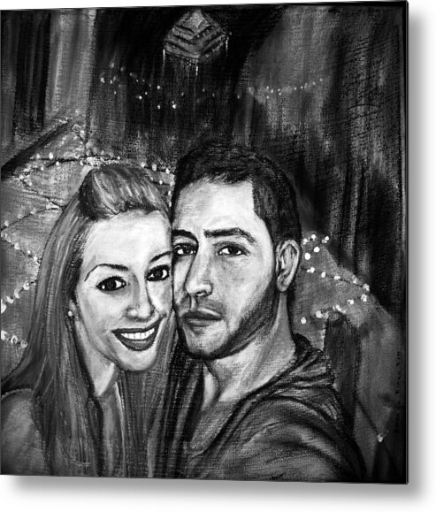 Young Couple In Black And White Metal Print featuring the pastel Portrait in black and white by Amanda Dinan