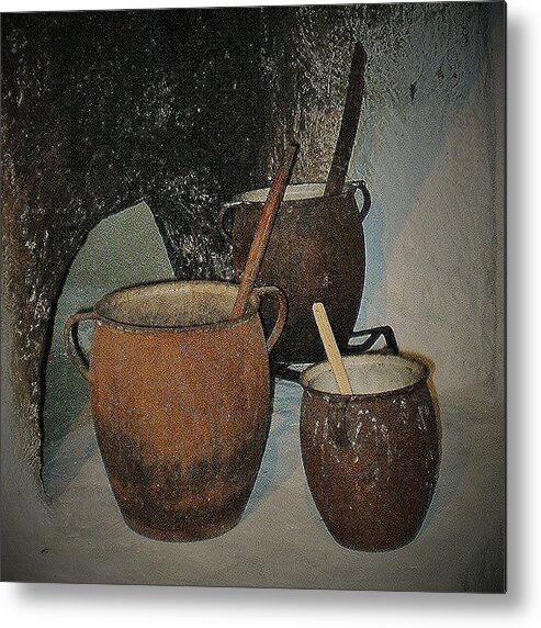 Old Country Kitchen Pots Metal Print featuring the photograph Pots by Andrew Drozdowicz