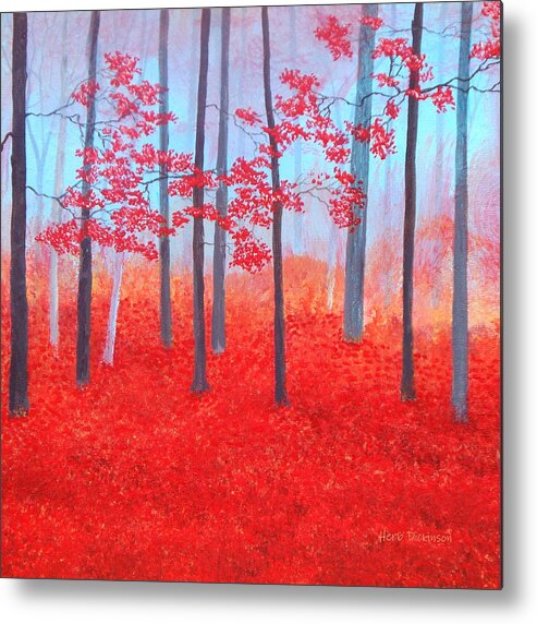 Modern Metal Print featuring the painting Red Forest Morning by Herb Dickinson