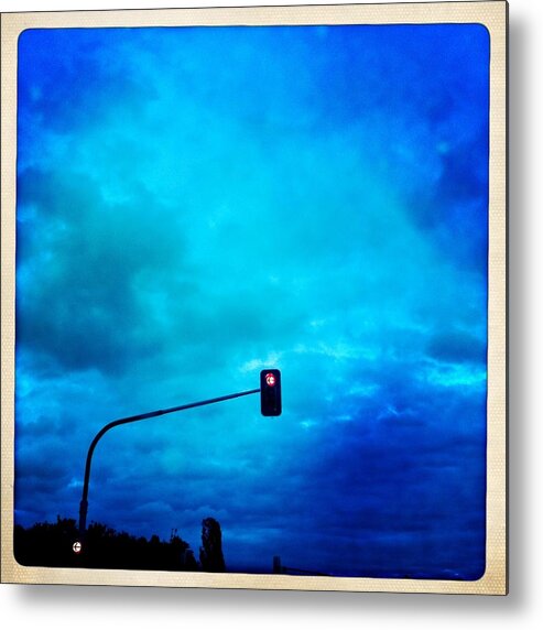 Traffic Light Metal Print featuring the photograph Red traffic light and cloudy blue sky by Matthias Hauser