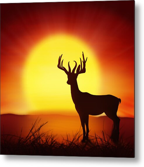 Animal Metal Print featuring the photograph Silhouette Of Deer With Big Sun by Setsiri Silapasuwanchai