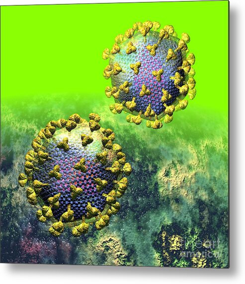 Acquired Metal Print featuring the digital art Two HIV Particles on Bright Green by Russell Kightley
