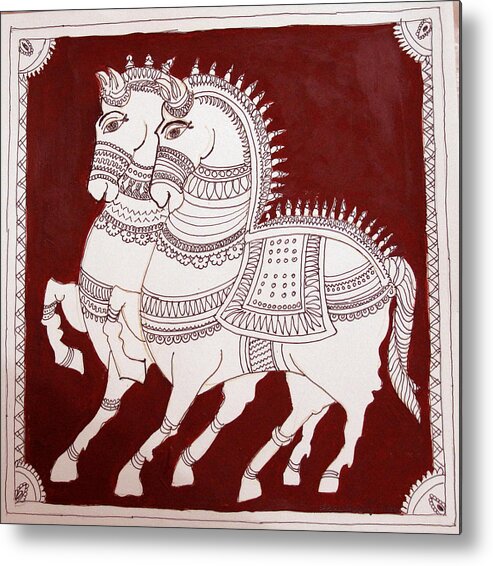 Horses Kalamkari Style Metal Print featuring the painting Two horses by Asha Sudhaker Shenoy