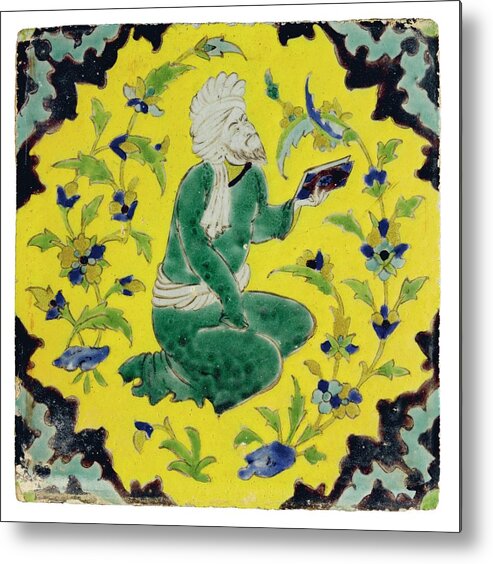 A Safavid Cuerda Seca Pottery Tile Metal Print featuring the painting A Safavid cuerda seca pottery tile #1 by Eastern Accents
