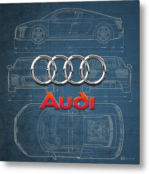  �wheels Of Fortune� Collection By Serge Averbukh Metal Print featuring the photograph Audi 3 D Badge over 2016 Audi R 8 Blueprint by Serge Averbukh