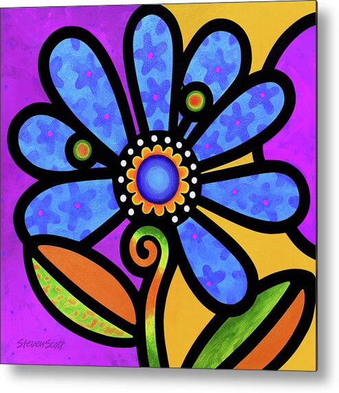Flower Metal Print featuring the painting Cosmic Daisy in Blue #1 by Steven Scott