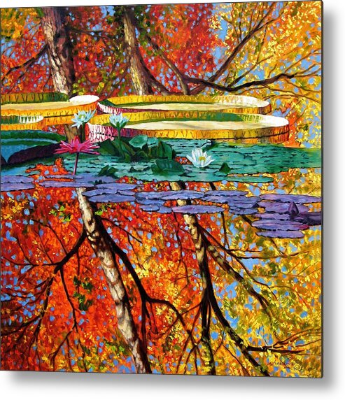 Water Lilies Metal Print featuring the painting Fall Reflections #1 by John Lautermilch
