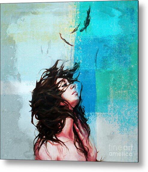 Figurative Metal Print featuring the painting Feathers from hair #1 by Gull G