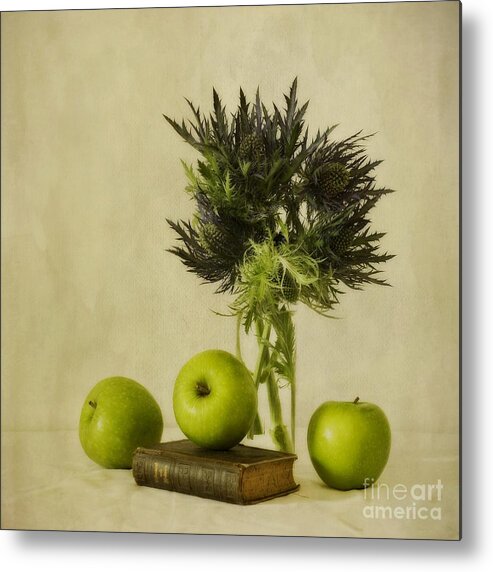Apples Metal Print featuring the photograph Green Apples And Blue Thistles #1 by Priska Wettstein