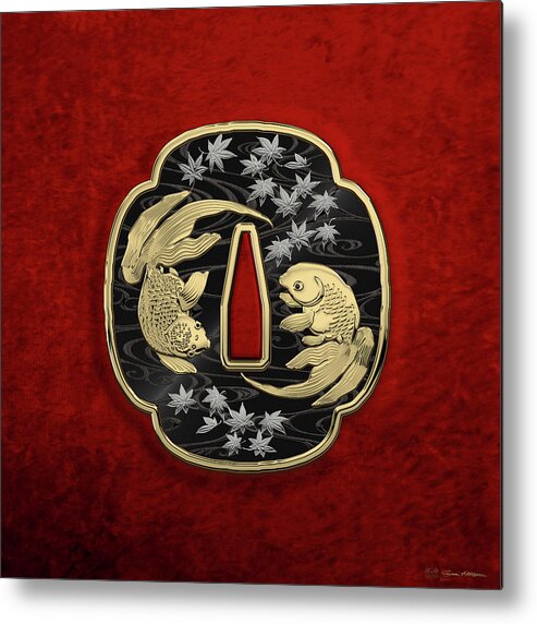 'treasures Of Japan' Collection By Serge Averbukh Metal Print featuring the photograph Japanese Katana Tsuba - Twin Gold Fish on Black Steel over Red Velvet #1 by Serge Averbukh