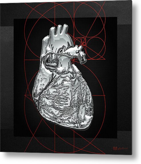 inner Workings Collection By Serge Averbukh Metal Print featuring the photograph Silver Human Heart on Black Canvas #1 by Serge Averbukh