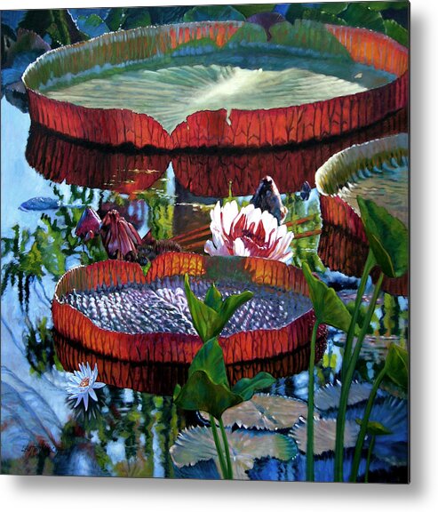 Water Lilies Metal Print featuring the painting Sunlight Shining Through #1 by John Lautermilch