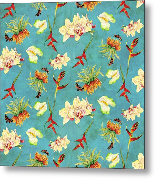 Orchid Metal Print featuring the painting Tropical Island Floral Half Drop Pattern by Audrey Jeanne Roberts