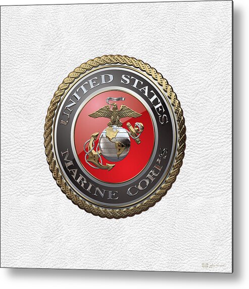 'usmc' Collection By Serge Averbukh Metal Print featuring the digital art U. S. Marine Corps - U S M C Emblem over White Leather by Serge Averbukh