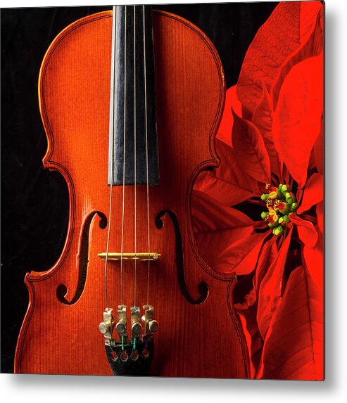 Red Poinsettia Metal Print featuring the photograph Violin And Poinsettia #2 by Garry Gay