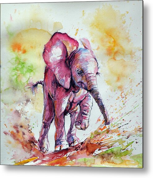 Elephant Metal Print featuring the painting Playing elephant baby #1 by Kovacs Anna Brigitta