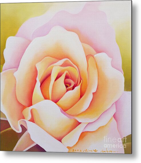 Pink; Flower; Yellow; Petals; Large; Decorative; Close-up; Rose Metal Print featuring the painting The Rose by Myung-Bo Sim