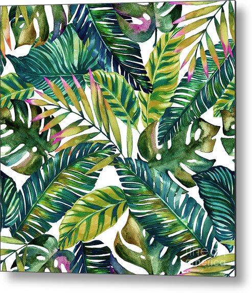 #faatoppicks Metal Print featuring the painting Tropical Green Leaves Pattern by Mark Ashkenazi