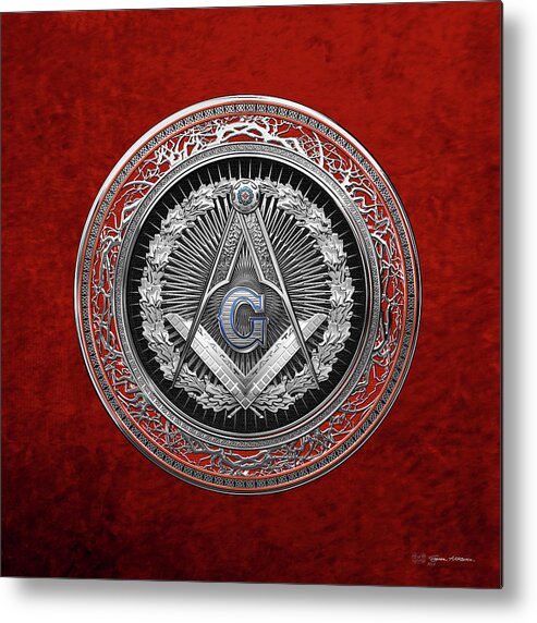 Ancient Brotherhoods Collection By Serge Averbukh Metal Print featuring the digital art 3rd Degree Mason Silver Jewel - Master Mason Square and Compasses over Red Velvet by Serge Averbukh