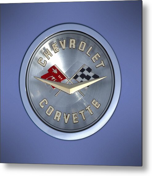 Chevrolet Corvette Metal Print featuring the photograph 60 Chevy Corvette Emblem by Mike McGlothlen