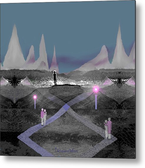 737 Metal Print featuring the painting 737 - Dusk - men in landscape  by Irmgard Schoendorf Welch