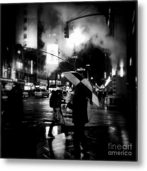 Street Photography Metal Print featuring the photograph A Foggy Night in New York Town - Checkered Umbrella by Miriam Danar