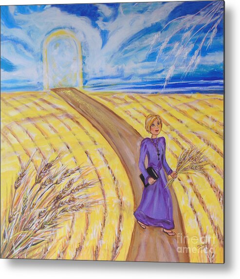 A Golden Harvest Is Ready And The Pathway Goes Out From Heaven Into The Fields. Metal Print featuring the painting A New Pathway by Dianne Tylski