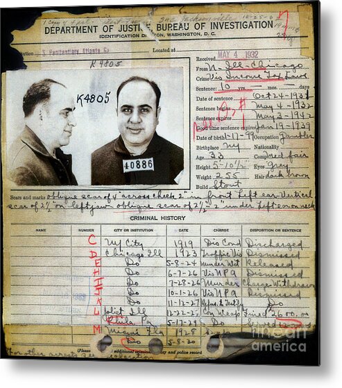 Al Capone Mugshot Metal Print featuring the photograph Al Capone Mugshot and Criminal History by Jon Neidert