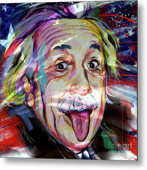 Albert Einstien Metal Print featuring the painting Albert Einstein USA flag by Gull G