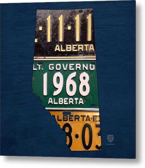 Alberta Metal Print featuring the mixed media Alberta Canada Province Map Made from Recycled Vintage License Plates by Design Turnpike