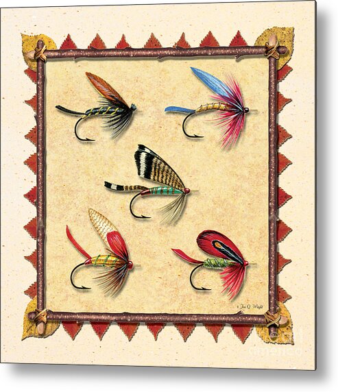 Jon Q Wright Jq Licensing Trout Fly Flyfishing Brown Trout Rainbow Trout Brook Trout Cutthroat Trout Fishing Lodge Cabin Metal Print featuring the painting Antique Fly Panel Creme by JQ Licensing