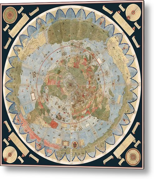 Flat Earth Map Metal Print featuring the drawing Antique Maps - Old Cartographic maps - Flat Earth Map - Map of the World by Studio Grafiikka