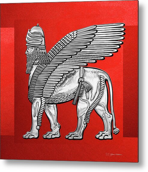 ‘treasures Of Mesopotamia’ Collection By Serge Averbukh Metal Print featuring the digital art Assyrian Winged Lion - Silver Lamassu over Red Canvas by Serge Averbukh