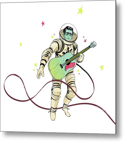 One Person Metal Print featuring the drawing Astronaut holding guitar by Goni Montes