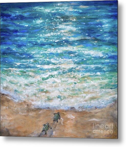 Sea Turtle Metal Print featuring the painting Baby Turtles First Plunge by Linda Olsen