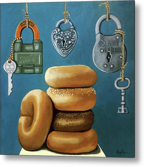 Food Art Metal Print featuring the painting Bagels and Locks by Linda Apple